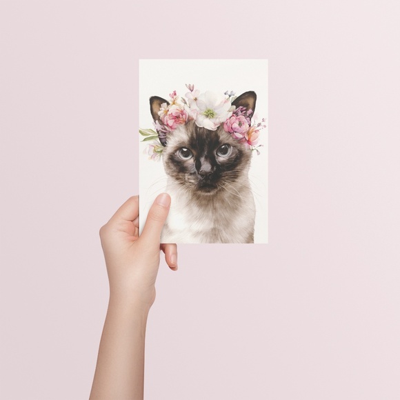 Watercolor Siamese Cat with Flower Crown Wall Art Print Unframed - Picture 5 of 6